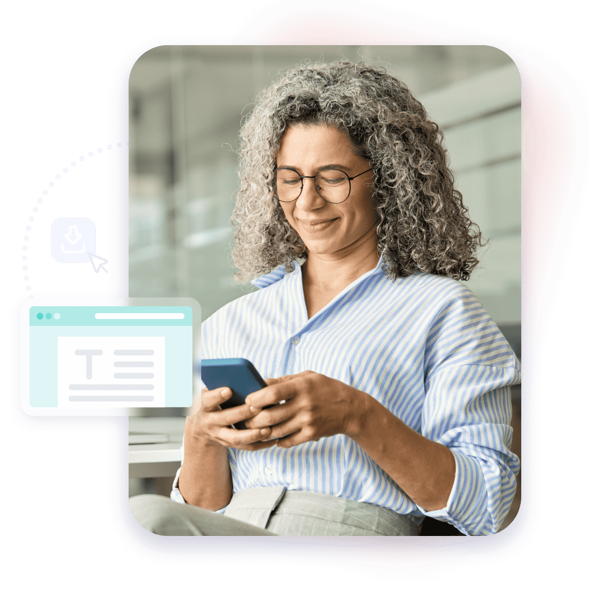 Mature woman smiling while using her smartphone